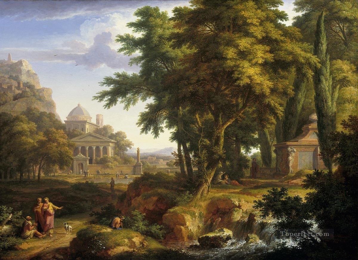 Arcadian landscape with the healing of the crippled man by Saints Peter and John Jan van Huysum woods landscape Oil Paintings